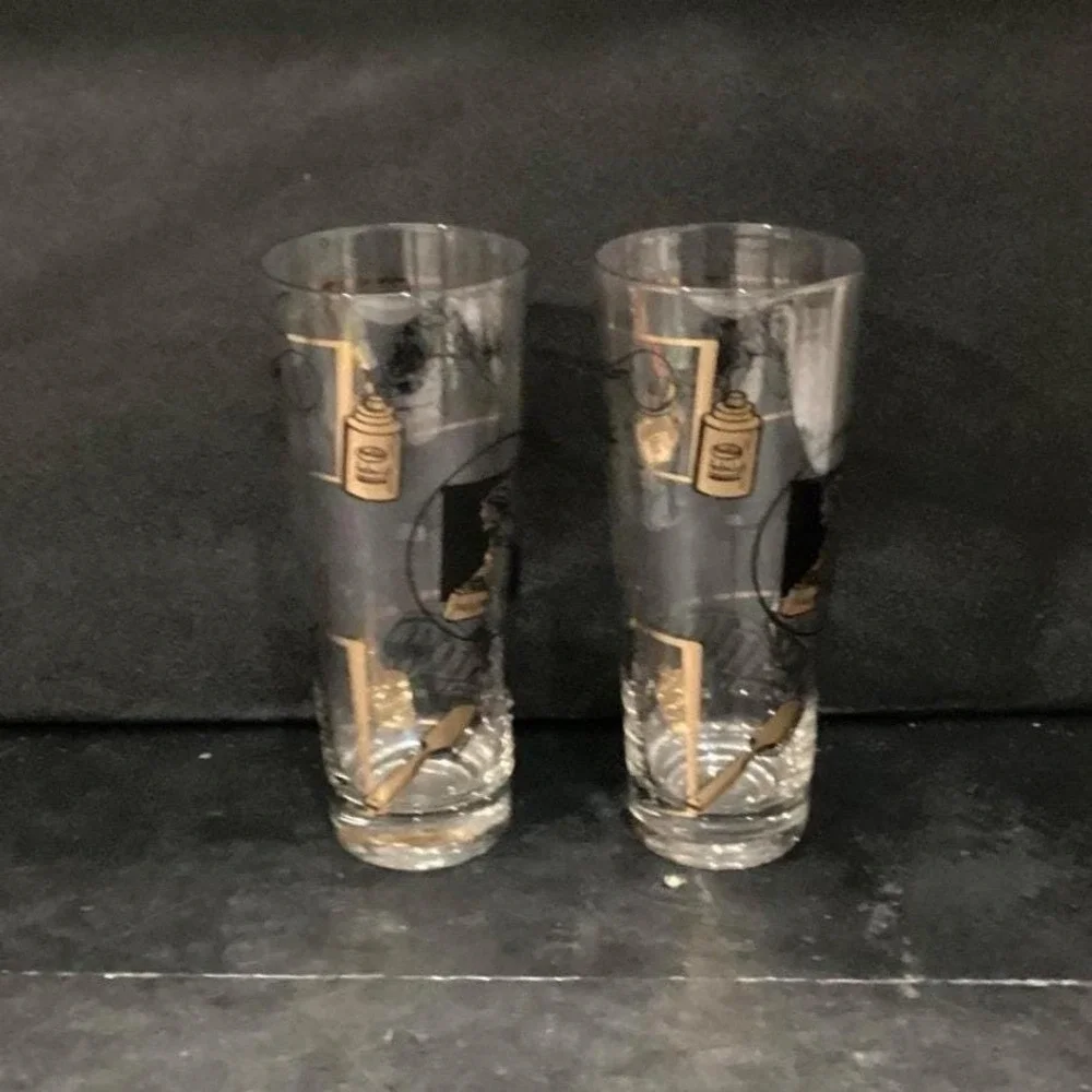 Fuller Brush Swanky Swig Tumblers, Set of 2, Vintage Black Gold Highball Glasses